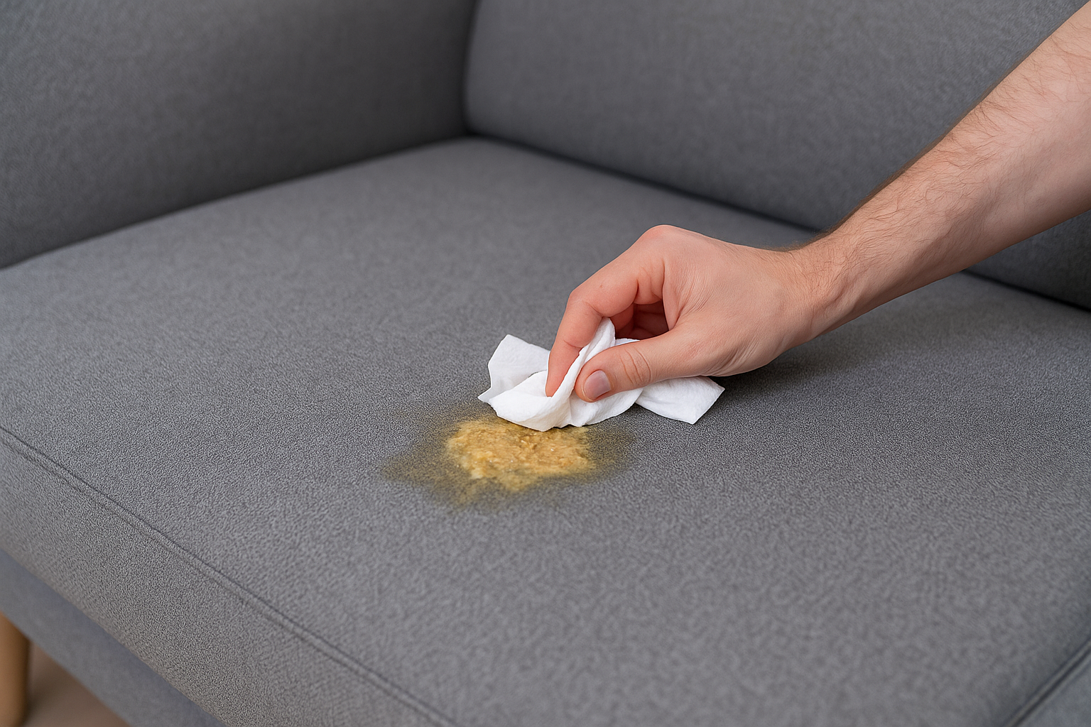 Roka, ki s krpico popivna bruhanje na sivem oblazinjenem kavču.